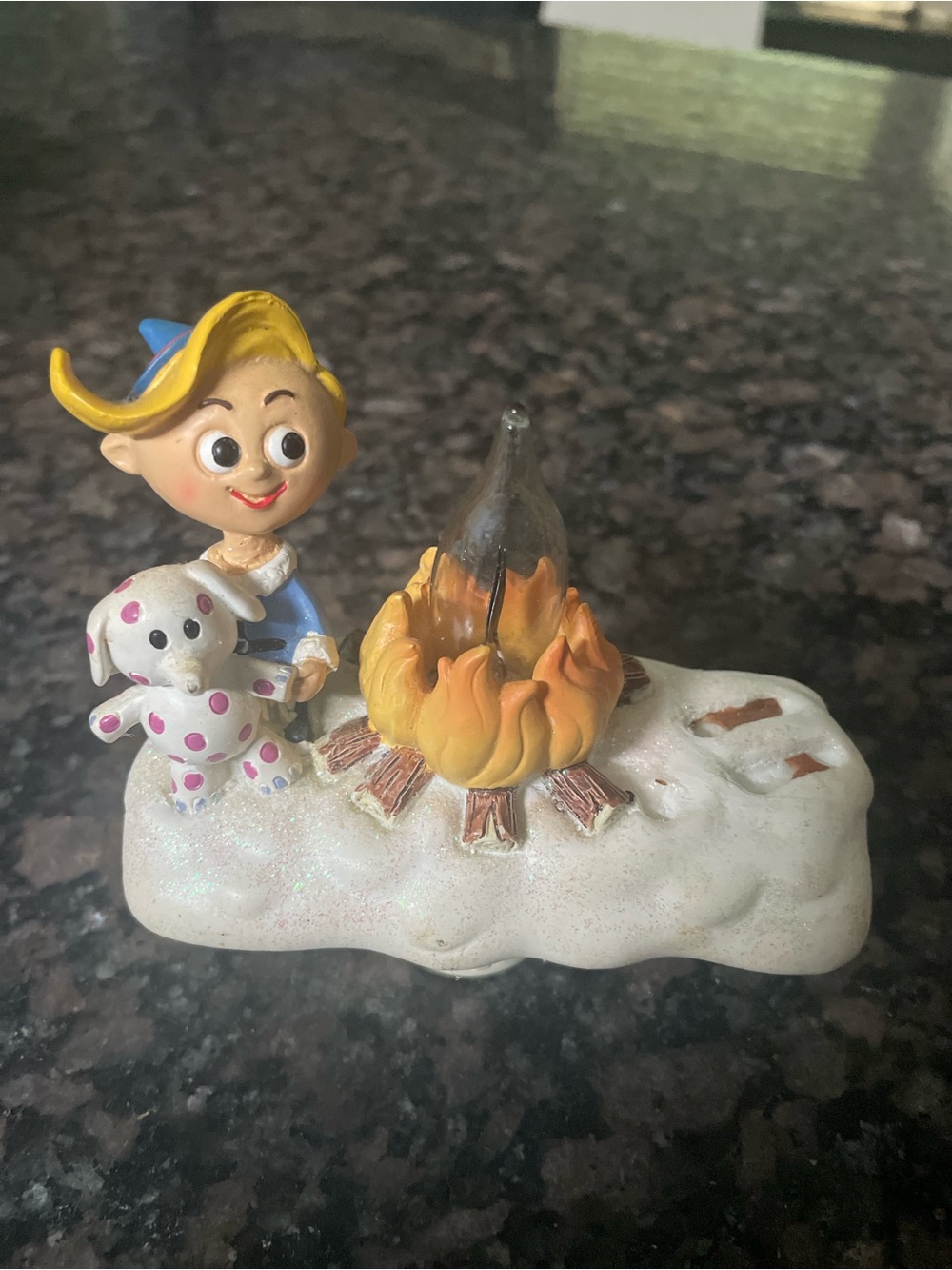 Whimsical Blue Elf Figurine with Yellow Hair and Pink-Spotted Dog